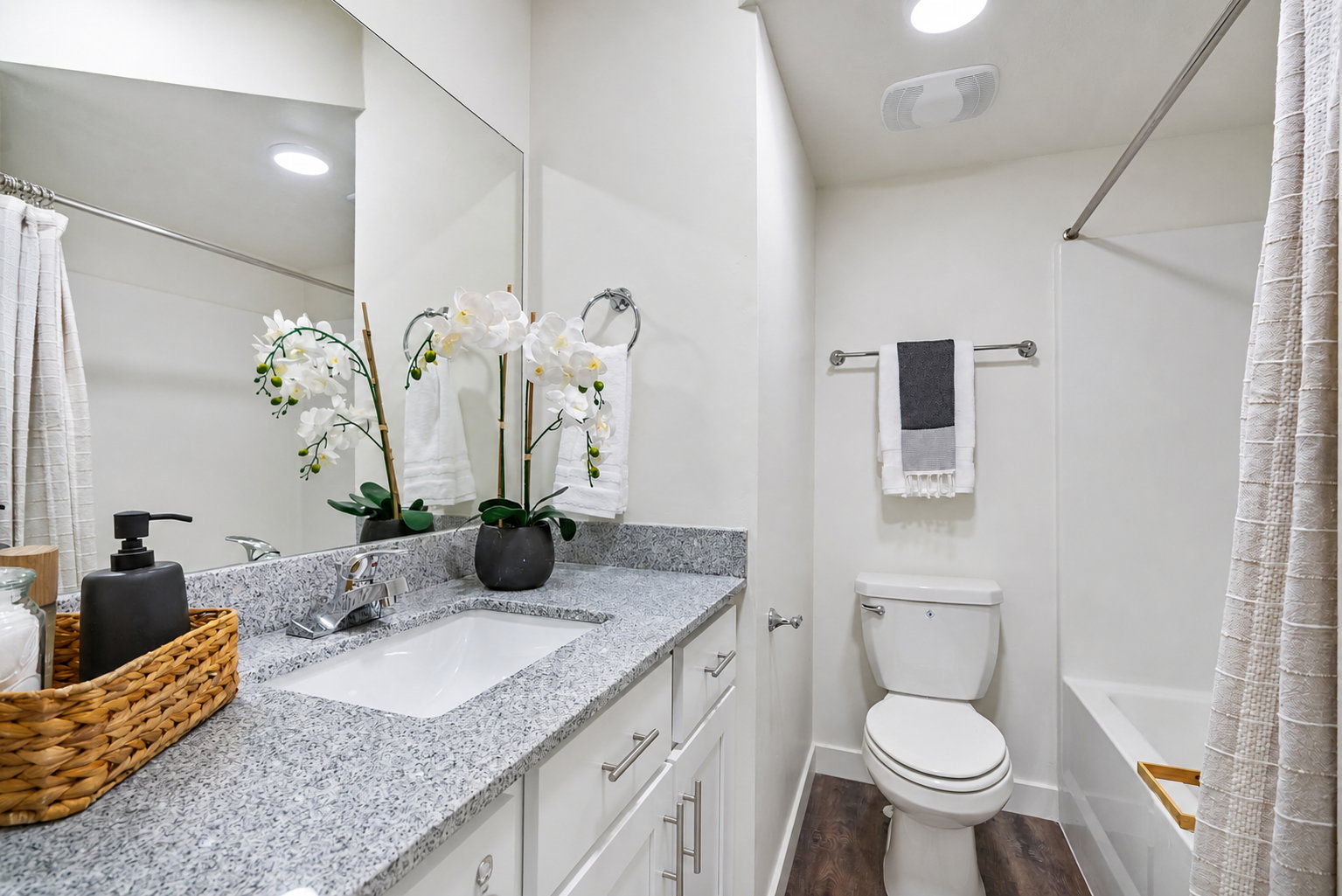 Bathroom featuring vanity, shower / tub combo with curtain, and dark wood-type flooring