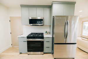 Kitchen with stainless steel appliances, light wood-type flooring, recessed lighting, modern cabinets, and gray cabinetry