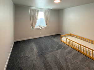Unfurnished room featuring a textured ceiling and carpet floors
