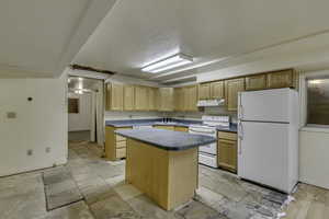 Kitchen with white appliances, light brown cabinetry, a center island, under cabinet range hood, and dark countertops