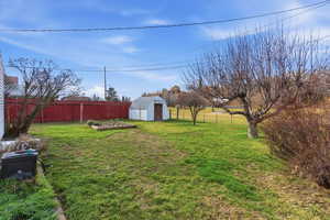 Fenced backyard with a vegetable garden and a shed