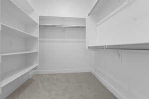 Spacious closet featuring light colored carpet