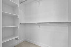 Spacious closet with light carpet