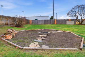 Fenced backyard with an outdoor fire pit
