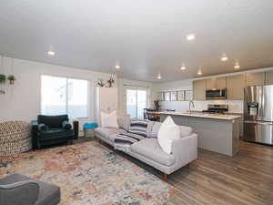 Living room featuring dark wood-style flooring, recessed lighting, and a textured ceiling