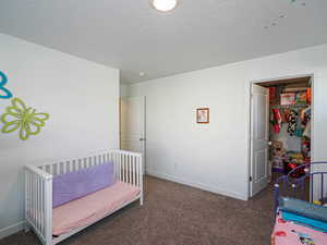 Bedroom with a spacious closet, dark colored carpet, and a textured ceiling