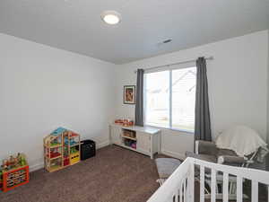 Bedroom featuring dark colored carpet and a textured ceiling