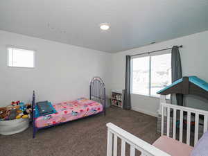 Carpeted bedroom featuring multiple windows