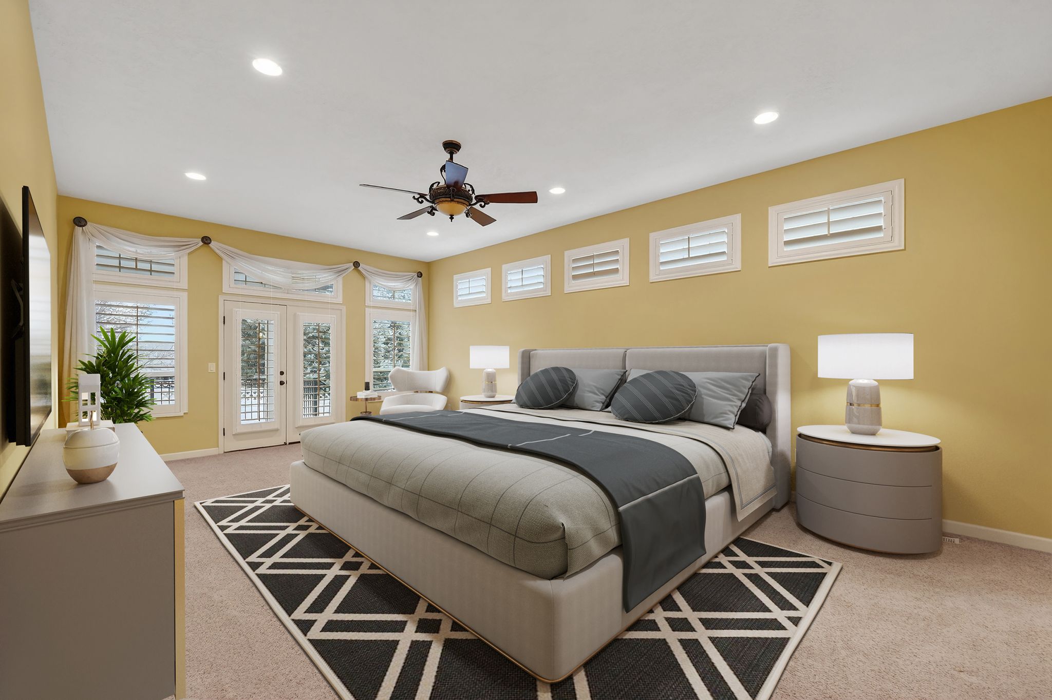 Oversized primary bedroom featuring french doors, access to outside, a ceiling fan, recessed lighting, and light carpet