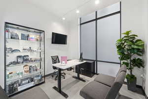 Office space featuring rail lighting