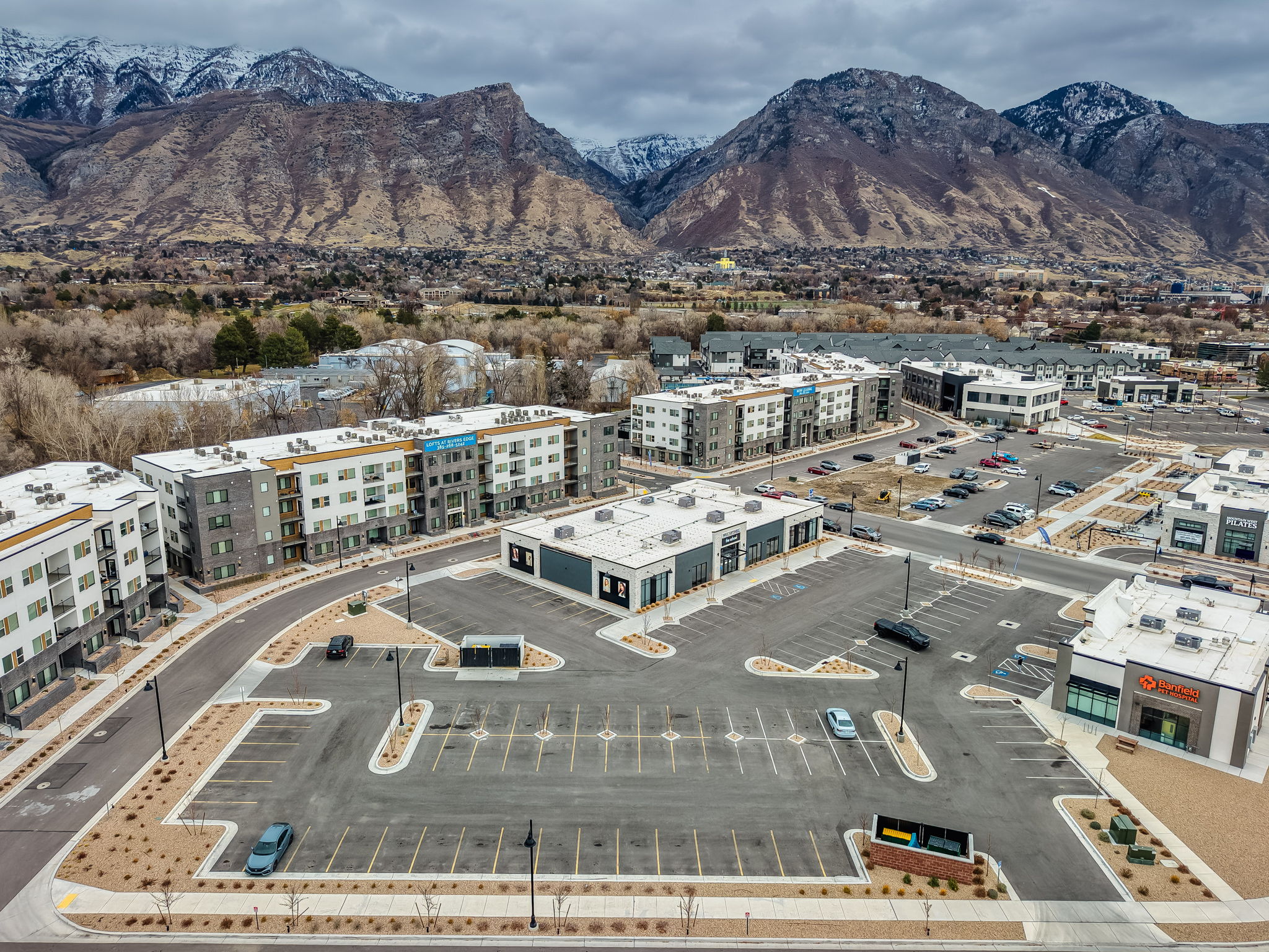 Drone / aerial view of a mountainous background