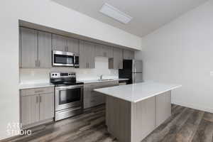 Kitchen with stainless steel appliances, a center island, modern cabinets, and dark wood-style floors