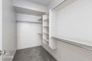 Spacious closet featuring dark carpet