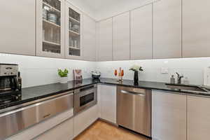 Kitchen with dark stone counters, stainless steel dishwasher, modern cabinets, and a warming drawer