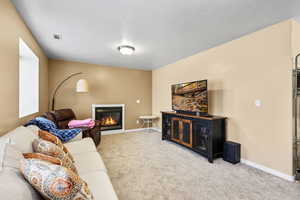 Carpeted living room featuring a glass covered fireplace and a textured ceiling