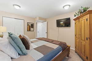 Carpeted bedroom featuring a closet and a textured ceiling
