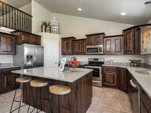 Kitchen featuring dark brown cabinetry, appliances with stainless steel finishes, a breakfast bar, a center island, and high vaulted ceiling