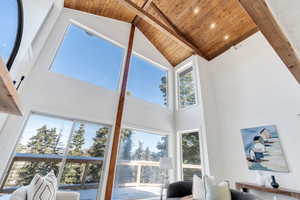 Living room featuring wooden vaulted ceiling with exposed beams, and fireplace