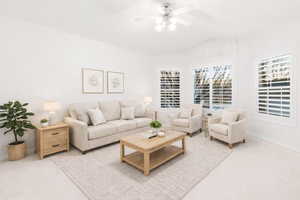 *** AI Rendering - Living room with a ceiling fan, light carpet, and lofted ceiling