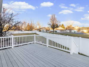 Wooden deck with a residential view and a fenced backyard