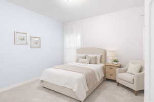 **AI rendering of furnished bedroom with carpet floors and baseboards