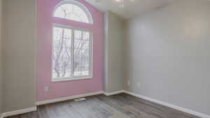 Empty room featuring wood finished floors, lofted ceiling, and a ceiling fan