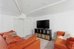Living room featuring light colored carpet