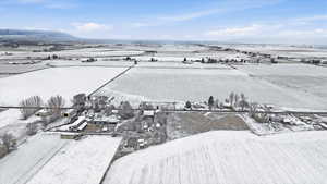 Overview of rural landscape with rows of crops