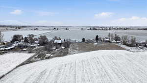Overview of rural landscape with rows of crops