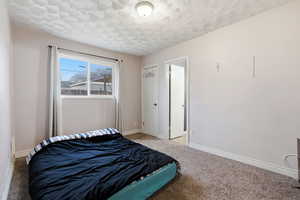 Bedroom featuring light colored carpet and a closet