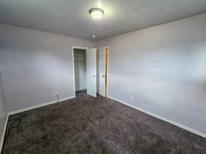 Unfurnished bedroom featuring carpet floors and a closet
