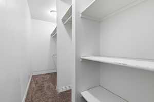 Walk in closet featuring dark carpet