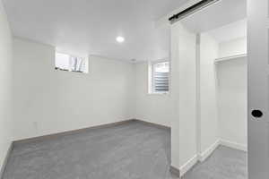 Basement with light colored carpet and a barn door