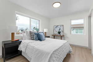 Bedroom featuring multiple windows and light wood finished floors