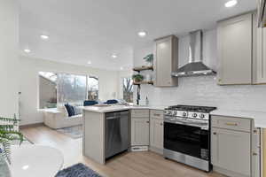 Kitchen with a peninsula, appliances with stainless steel finishes, open shelves, gray cabinets, and wall chimney exhaust hood