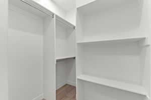 Walk in closet featuring light wood-style flooring