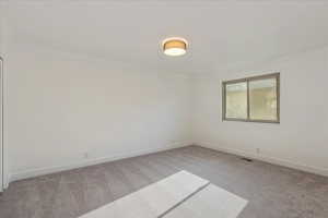 Unfurnished room featuring carpet and ornamental molding