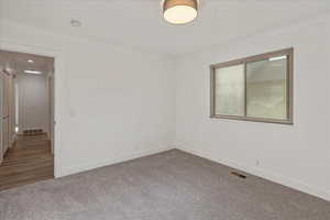 Carpeted spare room with crown molding