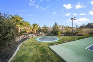 Fenced backyard with a trampoline