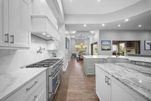 Kitchen featuring white cabinets, stainless steel appliances, light stone countertops, dark wood-style floors, and recessed lighting