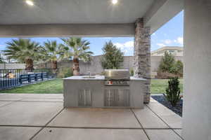 Fenced backyard with exterior kitchen and a patio
