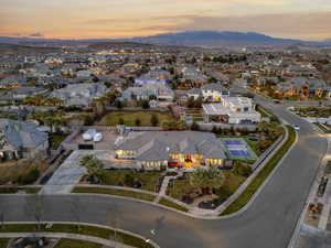 Aerial view at dusk of a residential view and a mountain view
