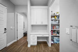 Unfurnished office with dark wood finished floors and electric panel