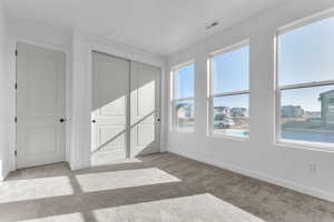 Unfurnished bedroom with light carpet and a closet