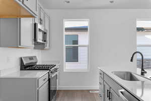 Kitchen with stainless steel appliances, gray cabinetry, light wood-style floors, and light stone countertops