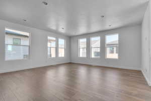 Unfurnished room featuring a textured ceiling and light wood-style floors