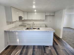 Kitchen featuring a peninsula, white cabinets, a textured ceiling, dark wood-style floors, and dark carpet