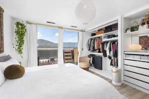 Bedroom with access to outside, light wood finished floors, a closet, and a mountain view