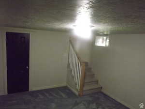 Below grade area with stairway, dark colored carpet, and a textured ceiling