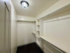 Walk in closet featuring dark colored carpet